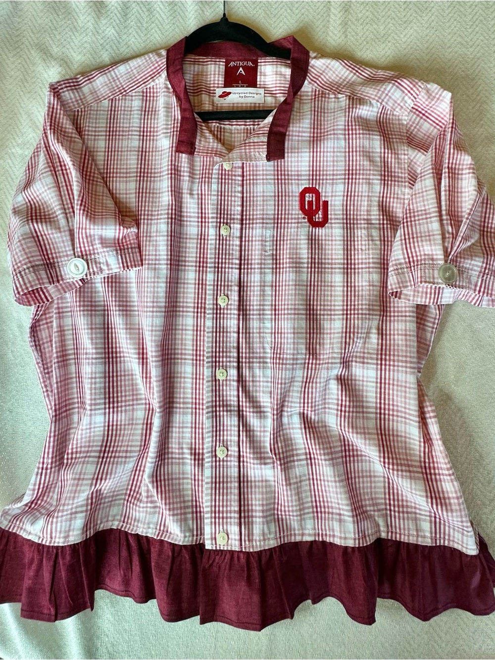 Upcycled Univ of Okla Womens Red & White Plaid Button-Down Top with Crimson Trim